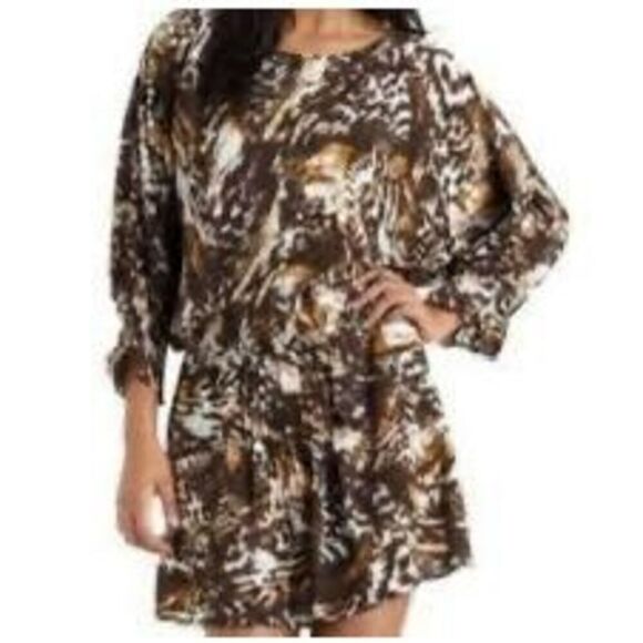 W118 By Walter Baker S Bishop Sleeve Blouson Mini Dress Animal Print Brown Boho - Picture 1 of 6